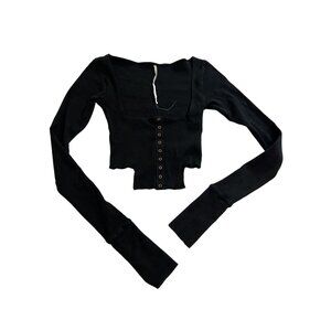 ARE YOU AM I Black Cropped Ribbed Button-Front Long Sleeve Top